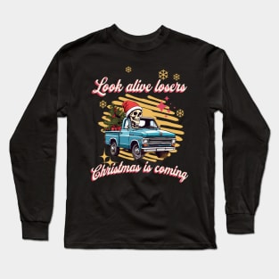 Funny Christmas Skeleton Wearing Santa Hat, Pickup Truck with Tree Long Sleeve T-Shirt